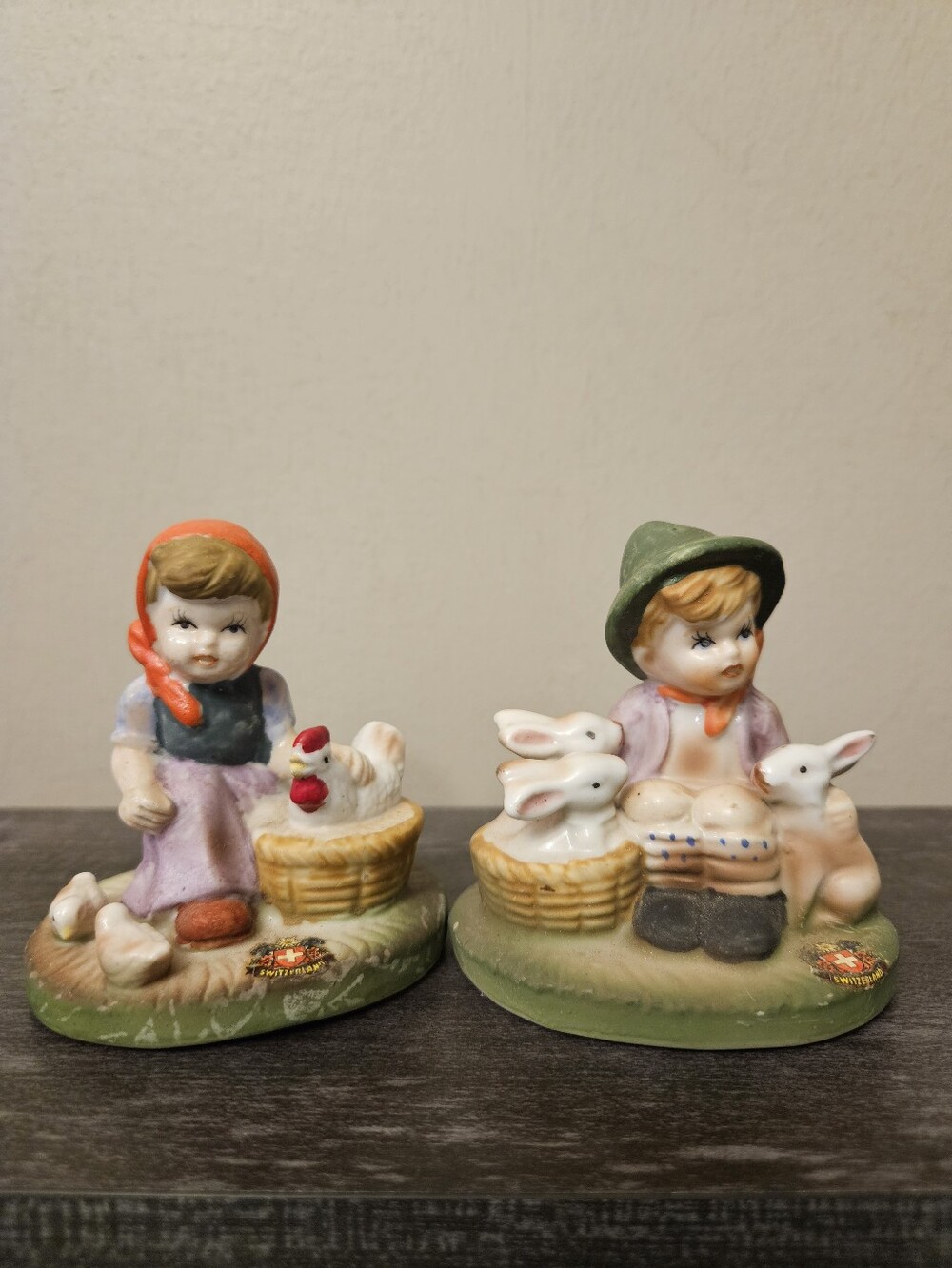 VTG Switzerland Ceramic Figurine Set - Hummel Style Boy & Girl Farm Animal Decor